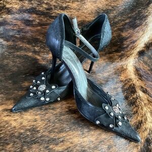 Billiani Black Hair On Hide Glitzy Design Pointy Toe Heels